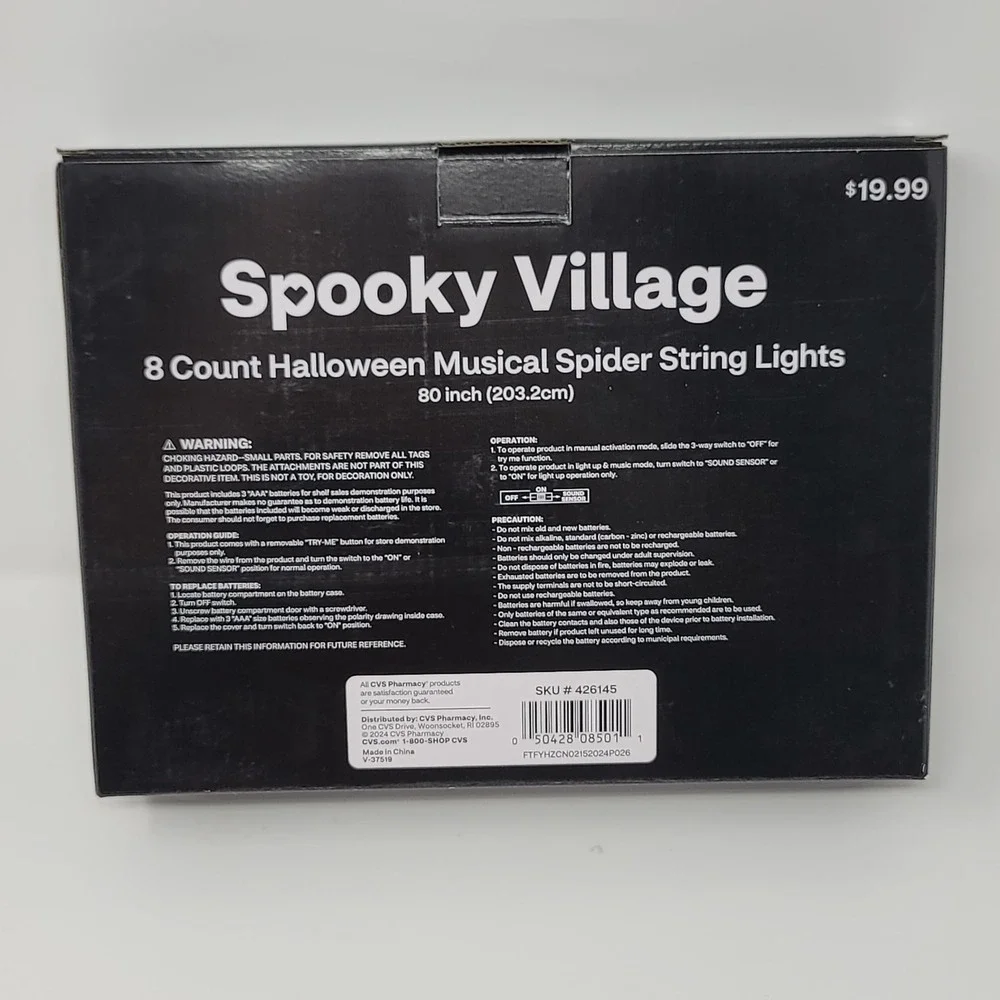 Spooky Village 8 Count Halloween Musical Spider 80 inch String Lights Black Cord